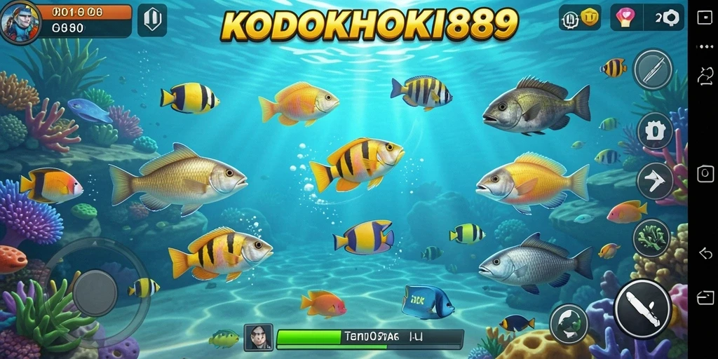 Tampilan gameplay KODOKHOKI889 menampilkan aksi menembak ikan yang mendebarkan.